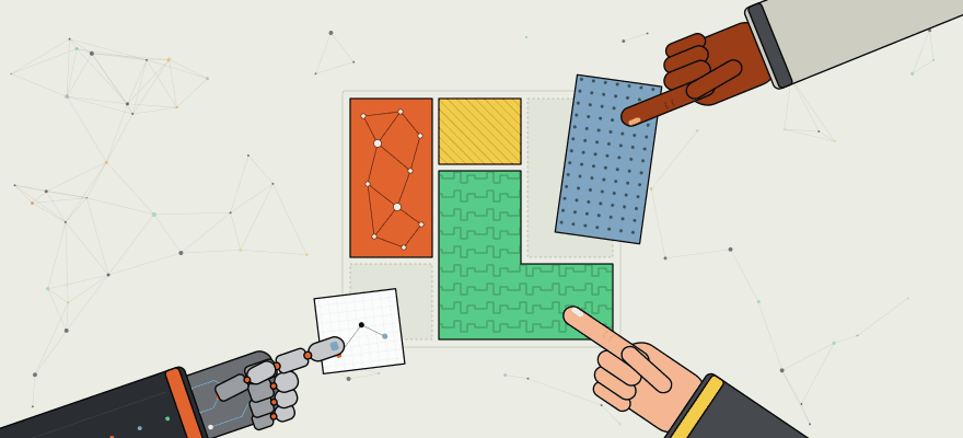 A robotic hand and two human hands place pieces into the same puzzle grid